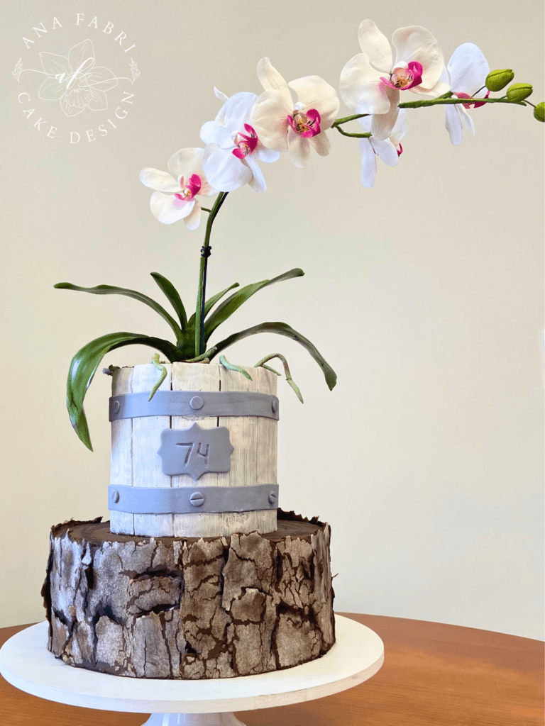 Bolo vaso no tronco com Orquídea